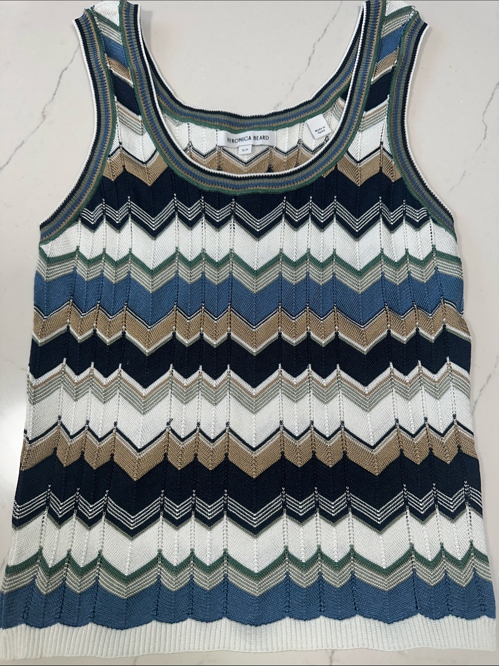 Veronica Beard Zigzag Knit Tank Top in Navy, White, Blue & Tan